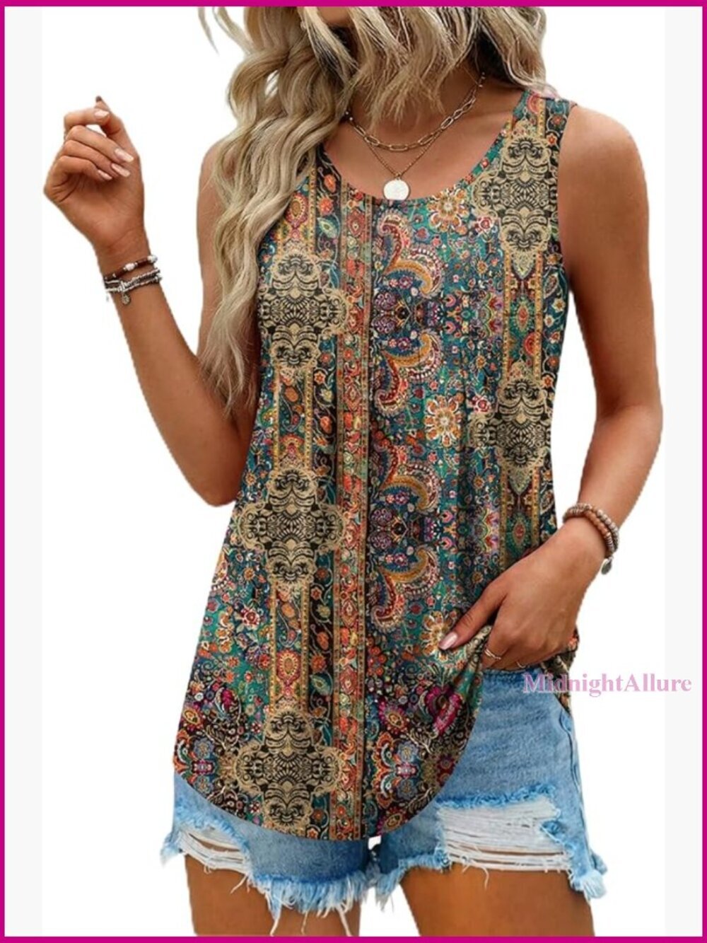 Pleated Crew Neck Sleeveless Tank Top Loose Fit Business Casual Blouse